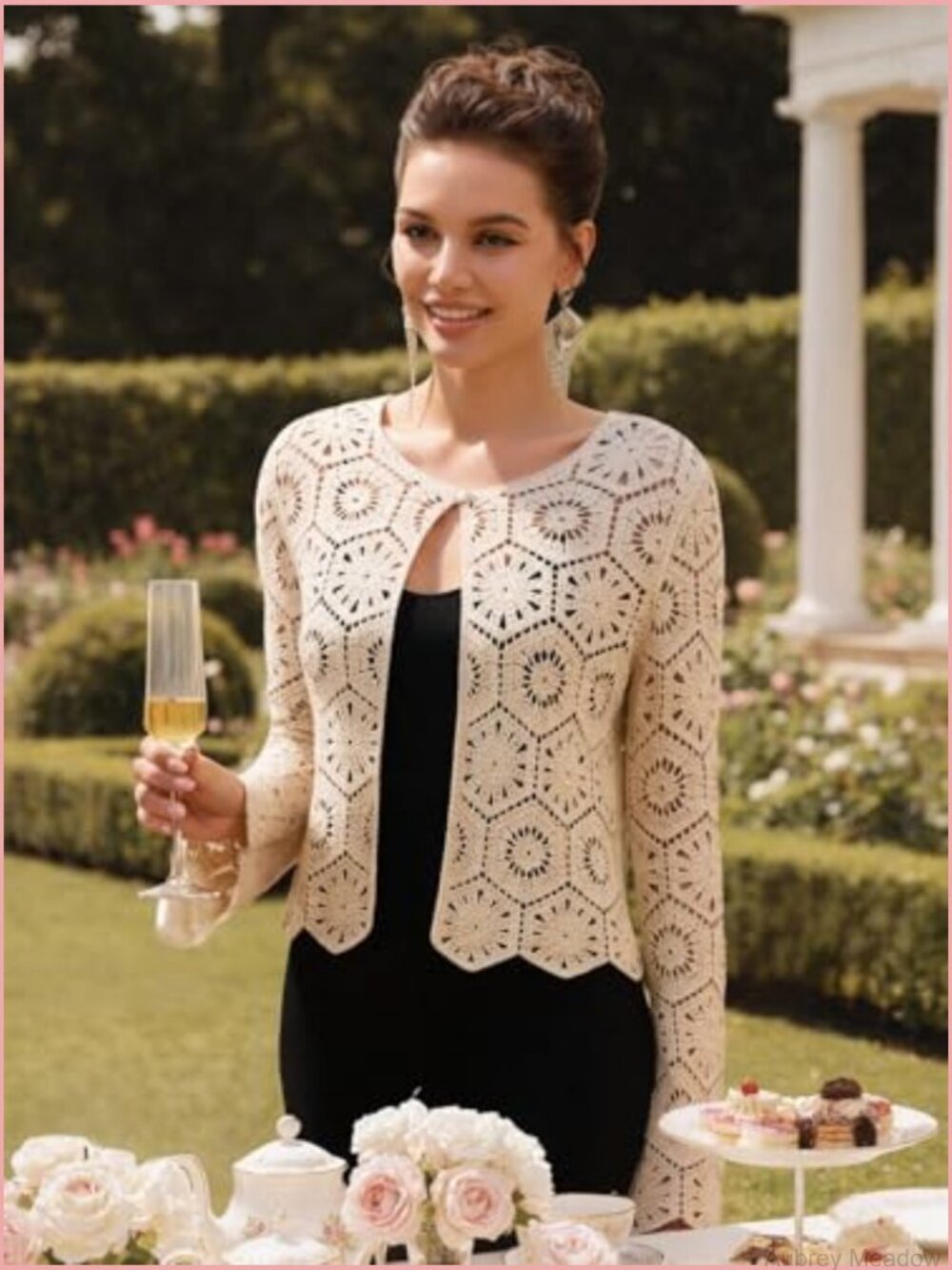 Women's Crochet Cardigan One-Button Cropped Hollow Out Knit Shrug - Picture 5 of 7